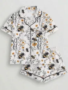 Women's Sleepwear Bee Flower Collar Open Chest Short Sleeve Shorts Set, Chiffon Casual Home Wear, All Seasons Fitted Style