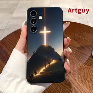 Shining Cross Christ Pattern Straight Edge Phone Case Compatible with Samsung S24 ultra plus S25 S23 S22 Ultra Plus Shockproof Non Slip Military-Grade Protection Silicone Cover