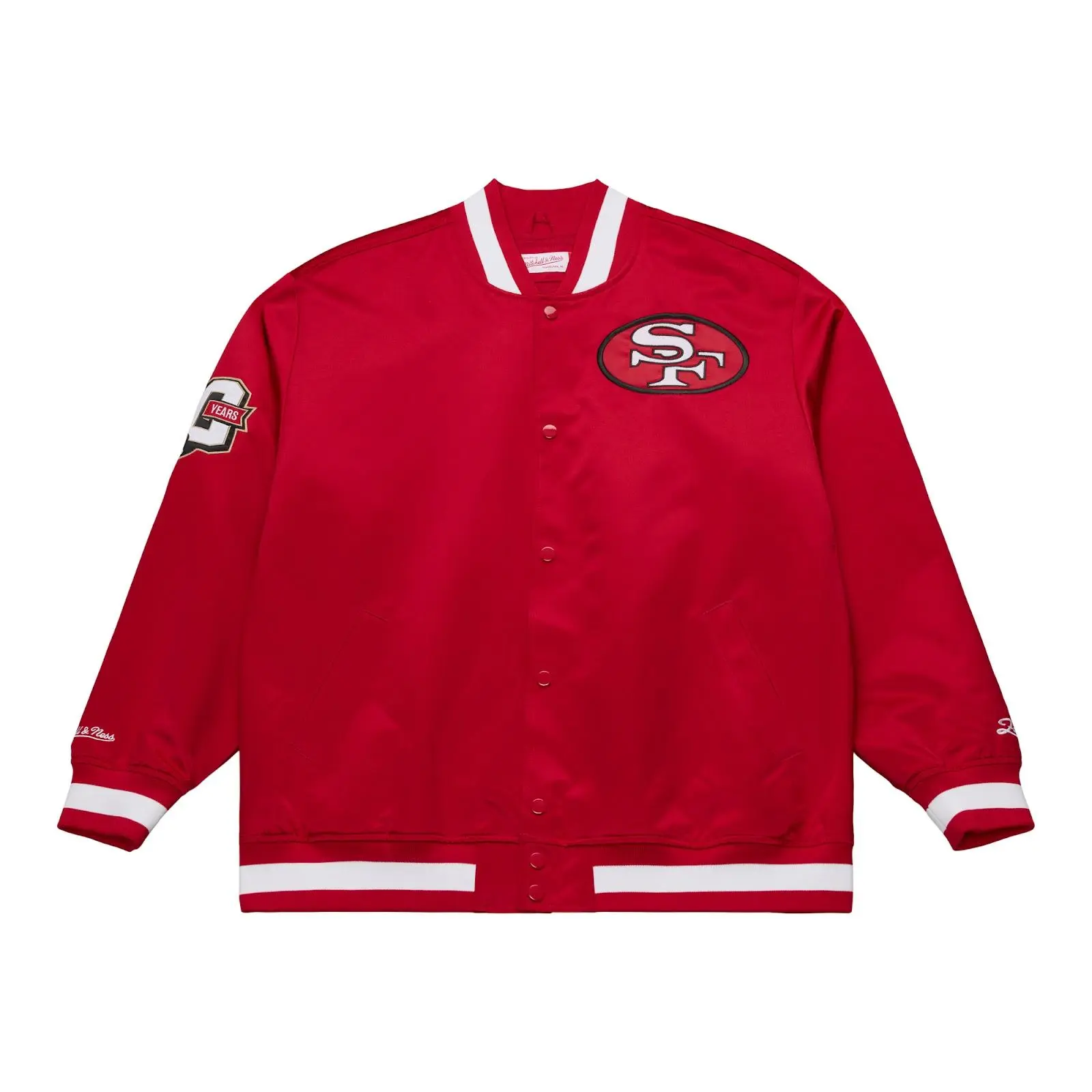 San Francisco 49ers Scarlet 80th Anniversary Heavyweight Satin Full-Snap Jacket - Red NFL Throwback Outerwear Vintage Fan Gear Mitchell & Ness