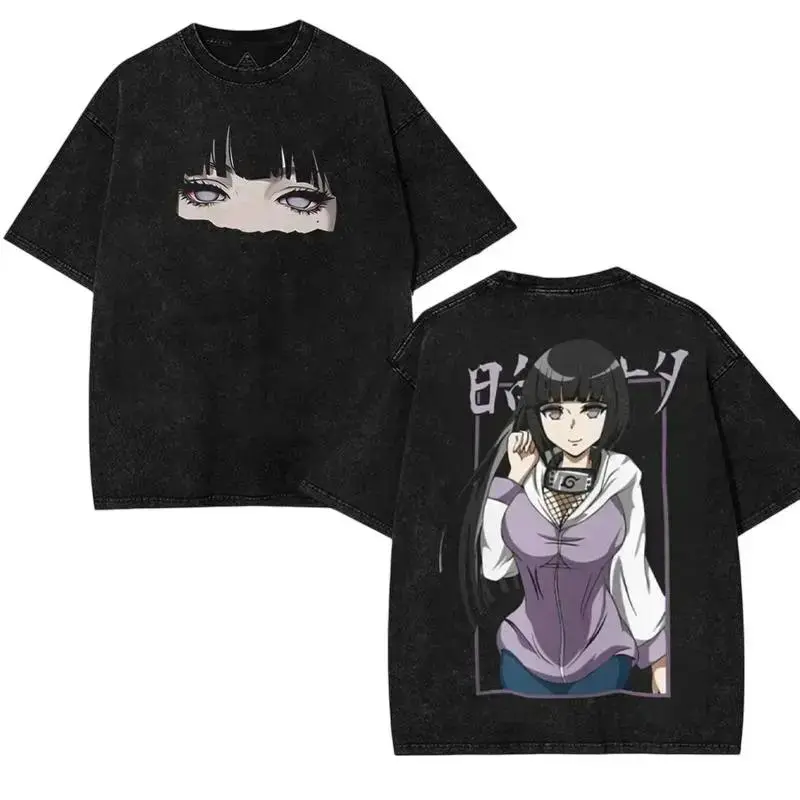 Hinata Hyuga Naruto Anime Double Printed Vintage Washed Tee Unisex Washed Cotton graphic T-shirt Manga Anime Fan 90s Top Dress Love Unisex couple T-shirt. Double-Sided Print. Unisex.