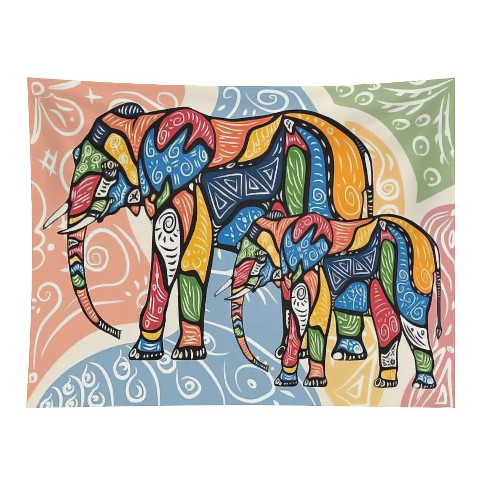 Colorful Bohemian Style Mother And Baby Elephant Vibrant Ethnic Pattern Animal Art Wall Tapestry For Boho Room Home Decoration