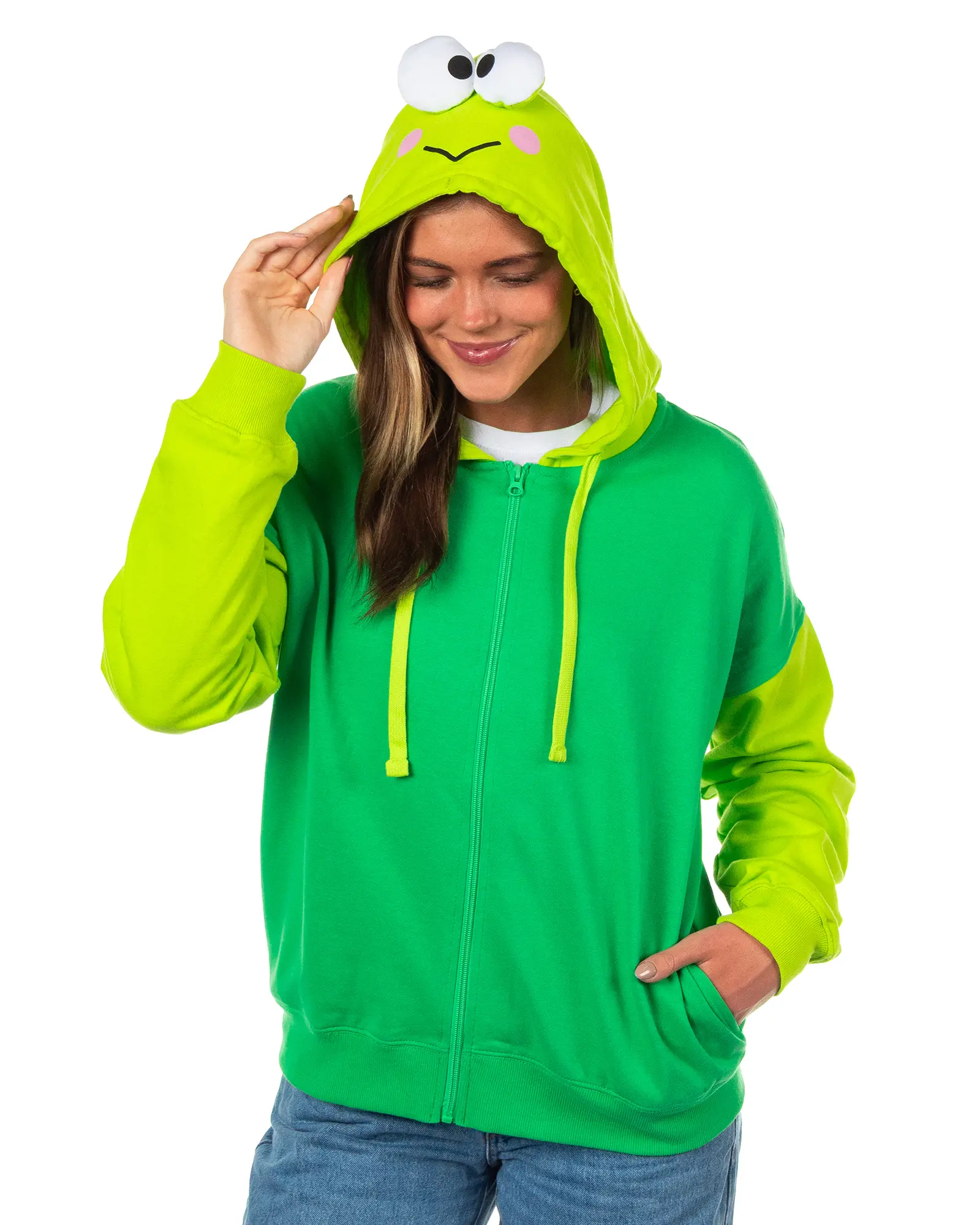 Sanrio Keroppi Women's Full Zip Up Long Sleeve Hoodie Character Costume Hooded Sweatshirt