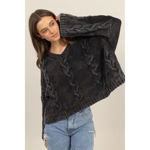 HYFVE Cable Knit V-Neck Dropped Shoulder Oversized Sweater