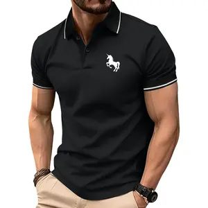 Men's Summer Horse Pattern Print Short Sleeve Polo Shirt Simple Retro Turn-down Collar Lightweight Versatile Sports Casual Outdoor Fashionable Multi-functional Golf Wear Trendy Black Short Sleeve Perfect Gift for Men
