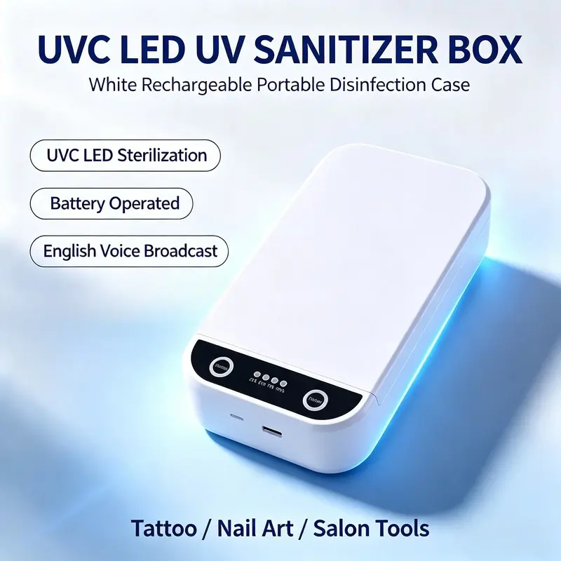 White Rechargeable UVC LED UV Sanitizer Box - Battery-Operated Tool Sterilizer Case with English Voice Broadcast, Portable Multi-Function Disinfection Box for Tattoo Nail Art Tools