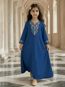 Girls Muslim Style Long Robe, Emerald Embroidered V-Neck, Long Sleeve Comfortable Drape, Perfect for Festivals, Daily, Ramadan, Modesty Muslim Clothing