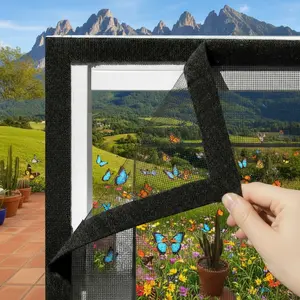Black Self-Adhesive Window Screen Net Kit - Anti-Mosquito & Insect Mesh with Hook and Loop, No-Drill Breathable Trimmable Fly Screen for Home, Bedroom, Kitchen, Living Room
