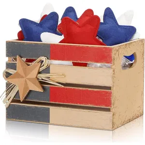 4th of July  Crate Patriotic Tiered Tray Decor with 9 Red White Blue  Ornaments Tabletop Centerpiece Table Basket Box for Independence Day Memorial Day Party   Shelf