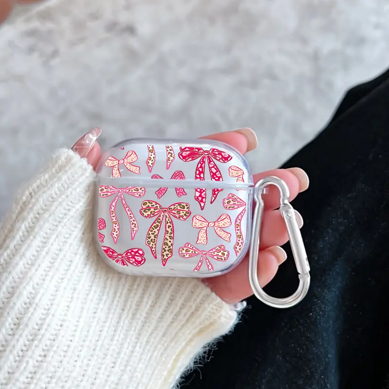 Bow tie Delight Pattern TPU Soft Protective Case for Apple AirPods 4/3/2/1/Pro/Pro2 Transparent Earphone Cover with Keychain Attachment