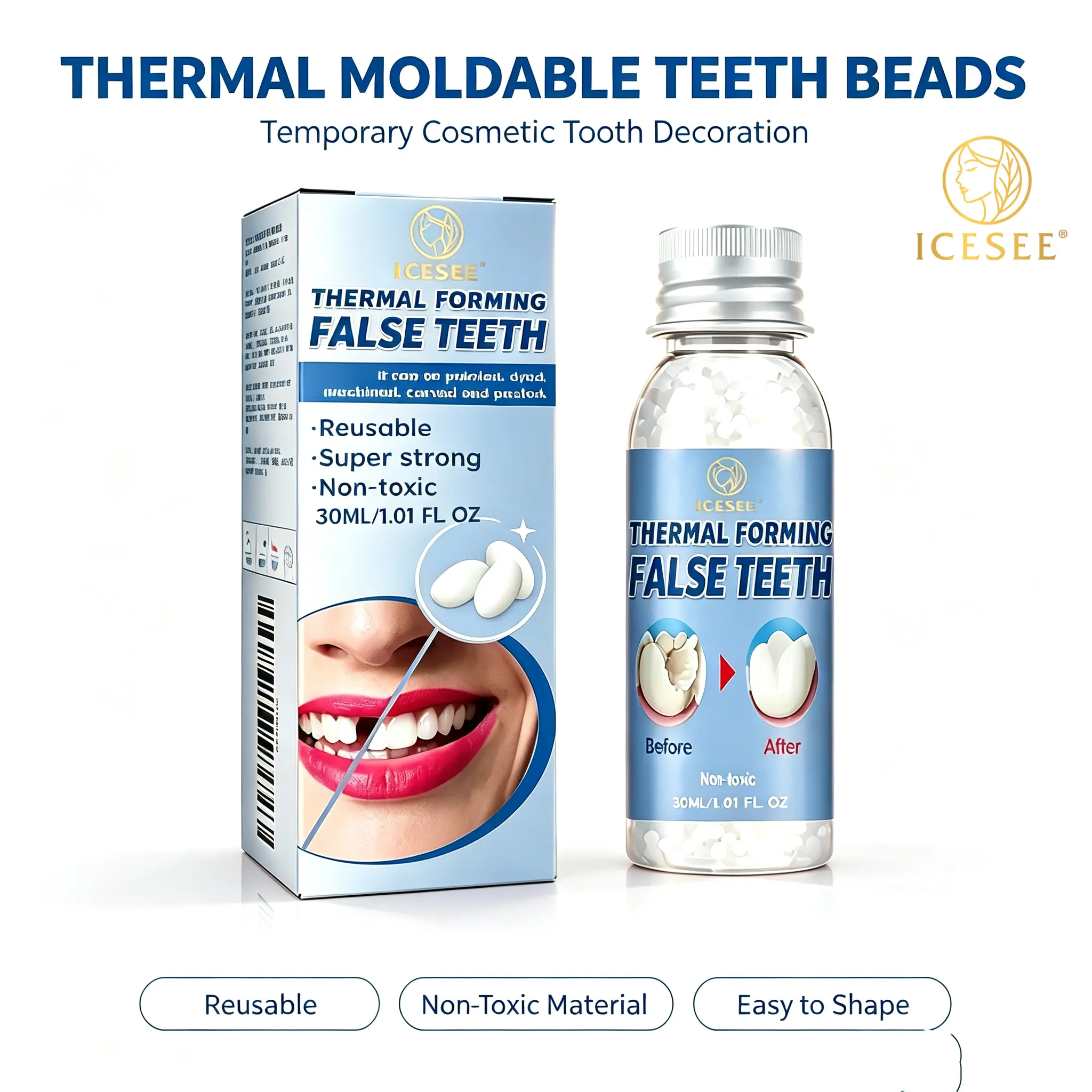ICESEE Cosmetic Teeth Temporary Tooth Replacement Kit, Lightweight Fit Moldable Material Dental Restoration Kit, Denture Fillers for Halloween & Party Use, Reusability Washed for Immediate Confident Smiles (White)-B#summerwins #dealsforyoudays