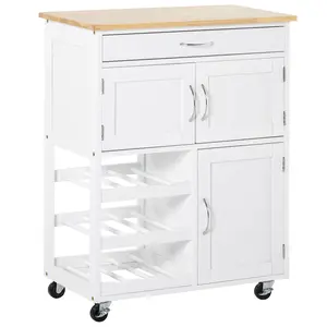 HOMCOM Bar Cart Rolling Kitchen Island on Wheels with 9-Bottle Wine Rack, Small Kitchen Cart with Wide Drawer, Kitchen Storage Cabinets, Wooden Countertop, White
