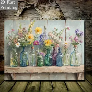 2D canvas art, 2D canvas art, 2D [Wood Frame Vintage Shelf Decoration] Charming Artistic Wildflower Flower Prints Canvas Art Painting - 11.8"X15.7" wood framed wall decoration, vintage shelf with colored glass bottles, perfect for home and office