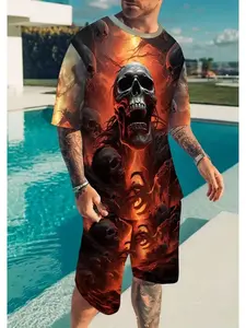 Skull Graphic 3D Digital Print Tee and Short Pants Set, Casual Fitted Crop Top, Drop Waist Track Shorts, Geometric Pattern, H Type Silhouette