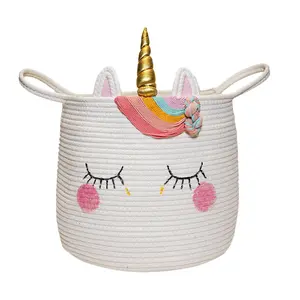 Large Unicorn Handmade Woven Basket with handles, Cute Laundry Basket, Toy Storage Basket, Baby Gift Basket, for baby girls, for Nursery, Clothes, Towels