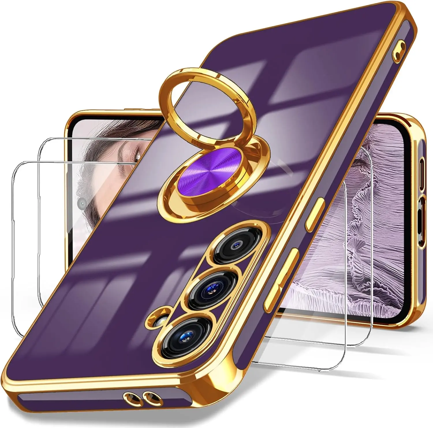 for Samsung Galaxy A36 5G Case, Galaxy A36 5G Case with Screen Protector, 360° Rotatable Ring Holder Magnetic Kickstand,Plated Gold Edge Slim Soft TPU Protective Phone Cover (Deep Purple, ZH)