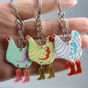 2D Flat, 1/20pcs Funky Chicken & Boot Keychain, Multiple uses - Colorful Acrylic Animal Charm for Bags, Backpacks, Cars - Ideal Gift, Suitable for All Holidays Including Easter, Car Keychain Decoration
