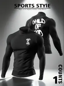 Men's High Neck Long Sleeve Slim Fit Thermal Top, Casual Graphic Letter Pattern, Summer Wear, Moderate Fabric Thickness, H Type Silhouette, Thermal Menswear