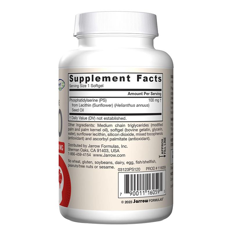 Jarrow Formulas PS100 Phosphatidylserine 100 mg, Dietary Supplement for Brain Health and Cognition Support, 120 Softgels, 40-120 Day Supply
