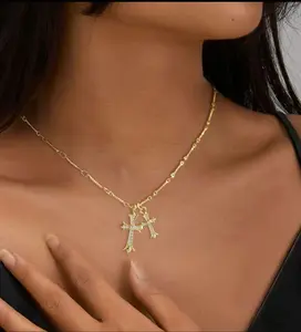 Cross Necklace 14k Gold Plated DoubleCross Pendant CZ Cubic Zirconia for Women MenBoy Jewelry Birthday Dainty Gifts Springtok