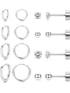 Stainless Steel Earrings Set, Huggie Hoops & Cz Studs, Hypoallergenic Jewelry for Cartilage, Helix, Lobe, 8-Pair Pack