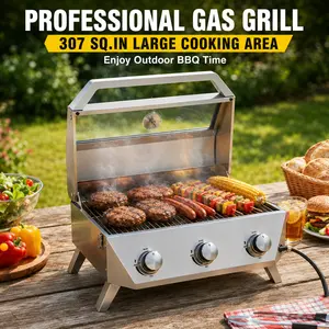[SummerVibes] BESTFIRE 3-Burner Portable Propane Gas Grill – 30,000 BTU Stainless Steel Tabletop BBQ with Viewing Glass & Thermometer for Patio, Camping, RV, and Tailgating outdoor barbecue