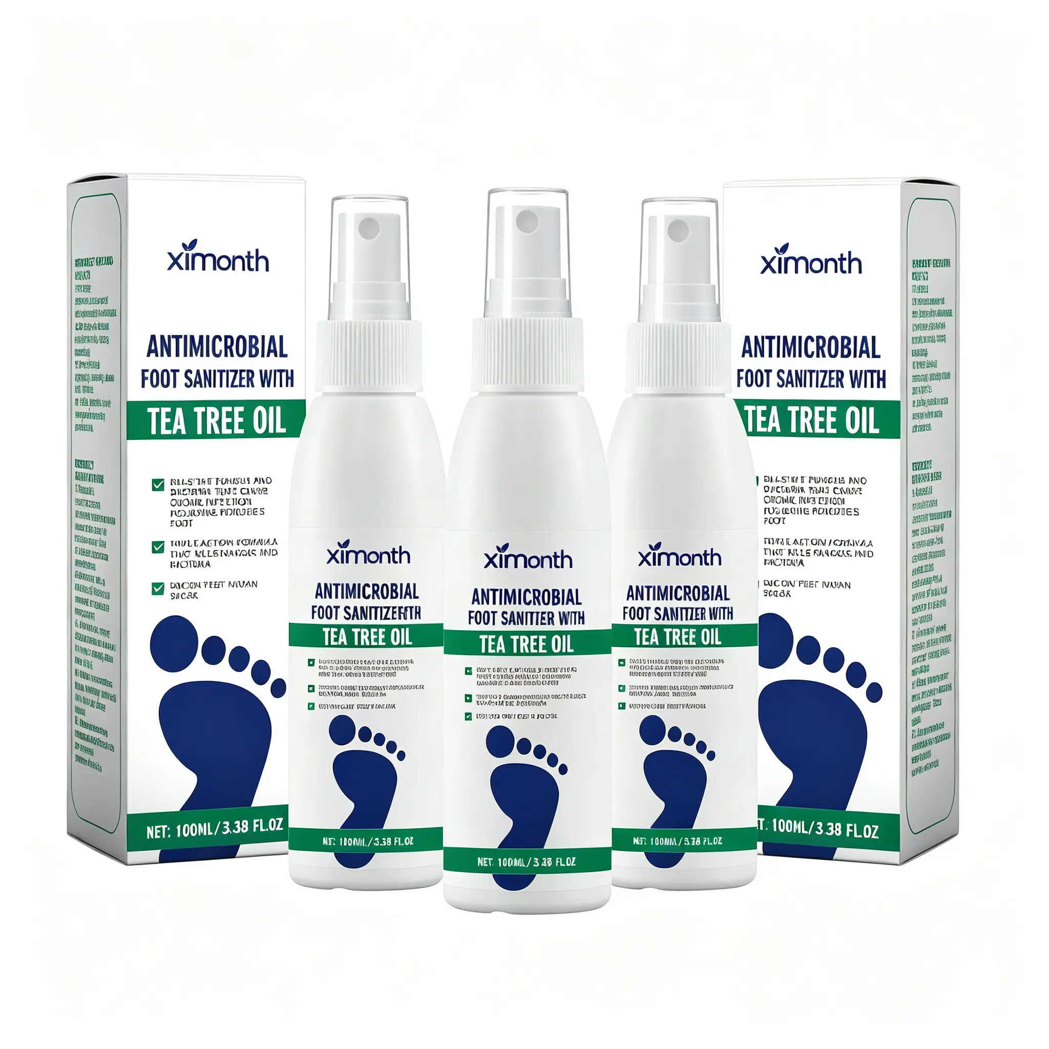 Ximonth 3 Pack Tea Tree Oil Antimicrobial Foot Sanitizer Spray, Antifungal Treatment for Athlete's Foot, Natural Deodorizer Eliminates Foot & Shoe Odor, Moisturizing Care for Dry Cracked Soles, Portable Toenail Repair Freshener, Bottle