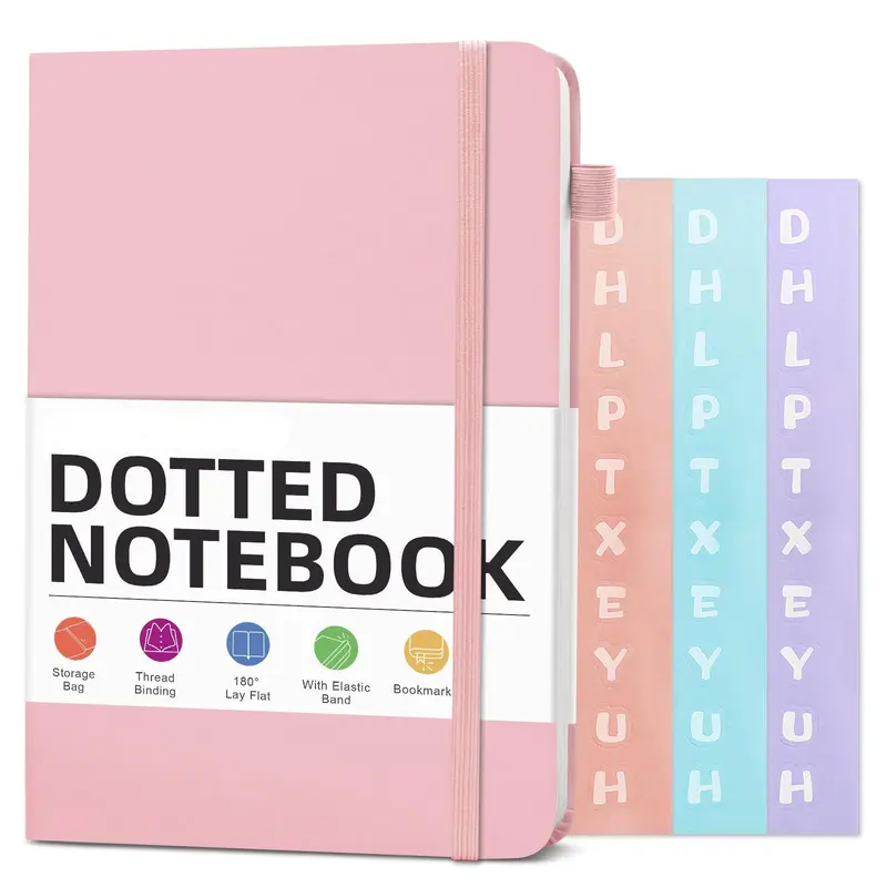 Dotted Journal Bullet Notebooks with Pen Loop, Hardcover Leather Notebook, 100Gsm Premium Thick Paper with Inner Pocket, Stickers, A5, 5.7 x 8.3 inches, Best Gift