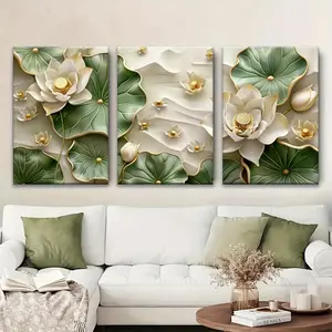 2D 3-piece framed set, lotus, aquatic plants, green modern abstract Halloween decorative painting, orange country farmhouse theme large-size wall art/unique style room decoration gift, All Saints' Day canvas painting, perfect for room decoration