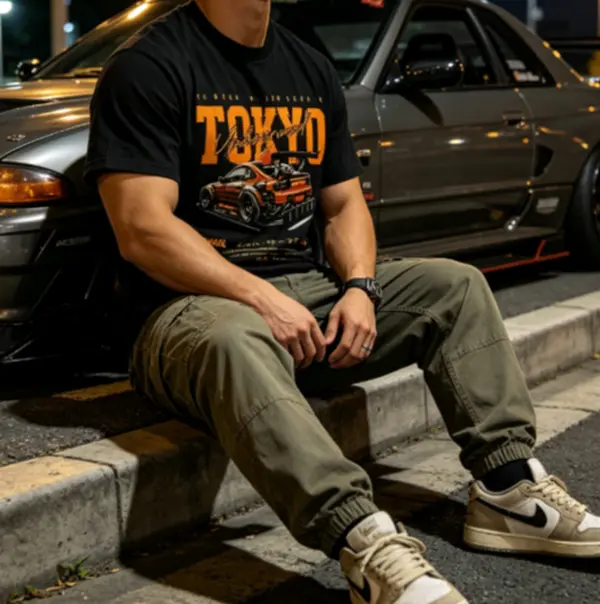 Men's Vintage Tokyo JDM Drift Car Graphic T Shirt, Oversized Loose Short Sleeve Crew Neck Tee, Underground Racing Streetwear Cotton Top for Car Enthusiasts