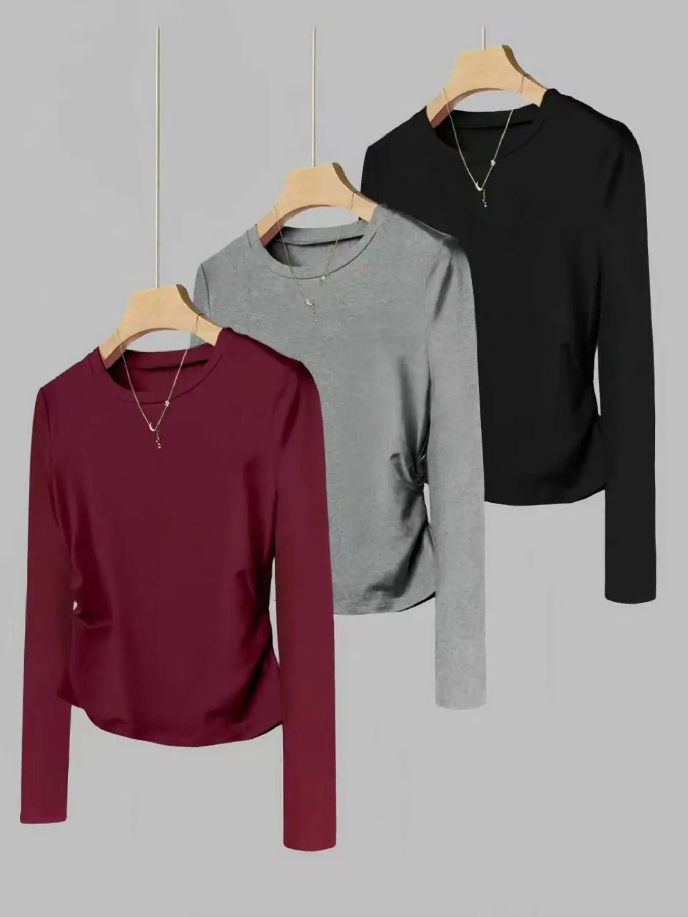 Trendy Casual Minimalist Round Neck Long Sleeve Top Set Outfit, Slim Fit Graphic Tee Trio, T Shirts Tops, Versatile Basic Women's Clothing, Ideal for Everyday Wear, Lady, Womenswear