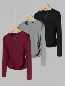 Trendy Casual Minimalist Round Neck Long Sleeve Top Set, Slim Fit Graphic Tee Trio, Versatile Basic Women's Clothing, Ideal for Everyday Wear, Lady, Womenswear