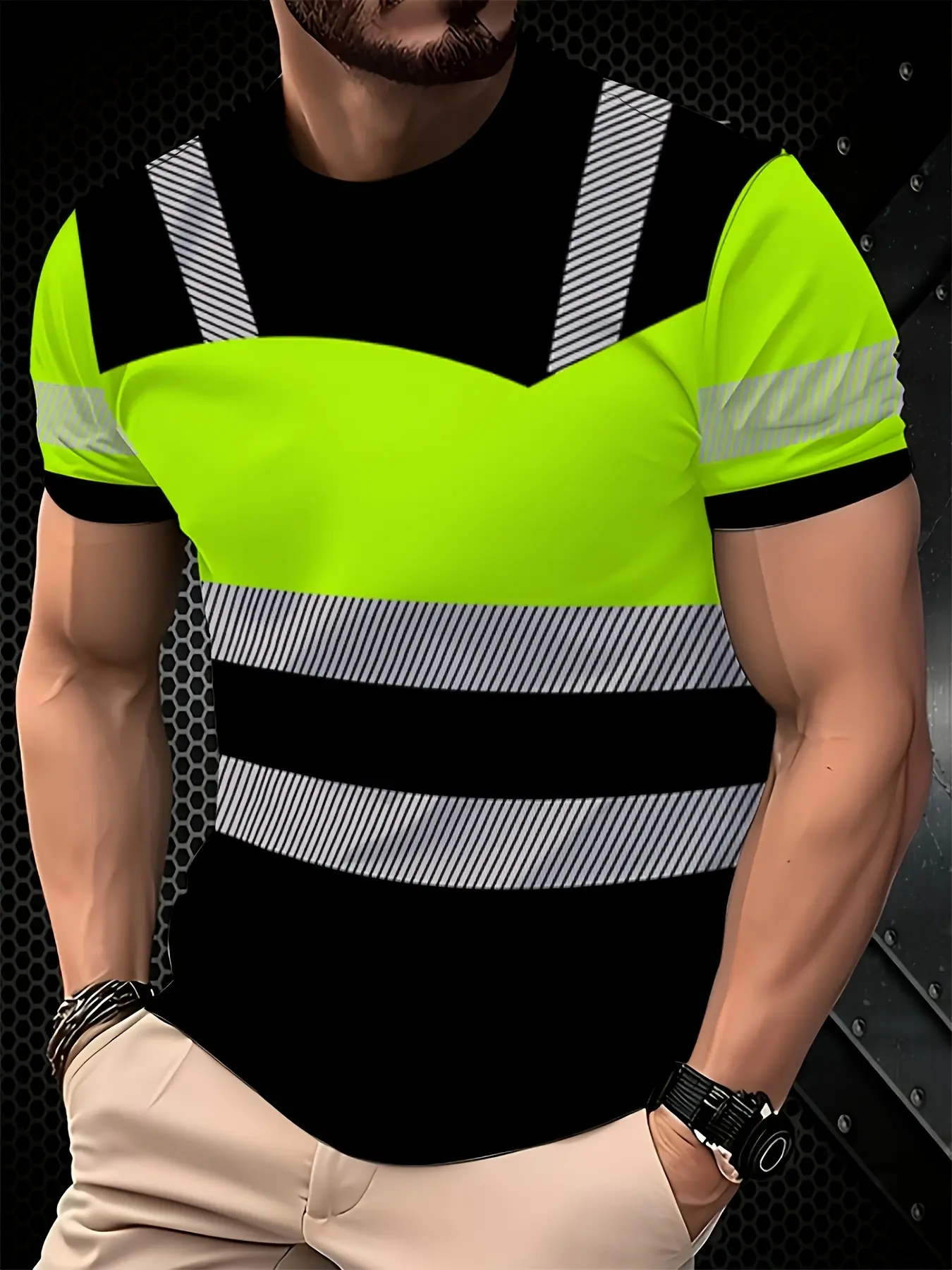 Men's Neon Striped Work T-Shirt, Casual Fitted Short Sleeve Crewneck Long T-Shirt, Streetwear, All over Print, Unlined, Plain Surface, 88.2 G/m²