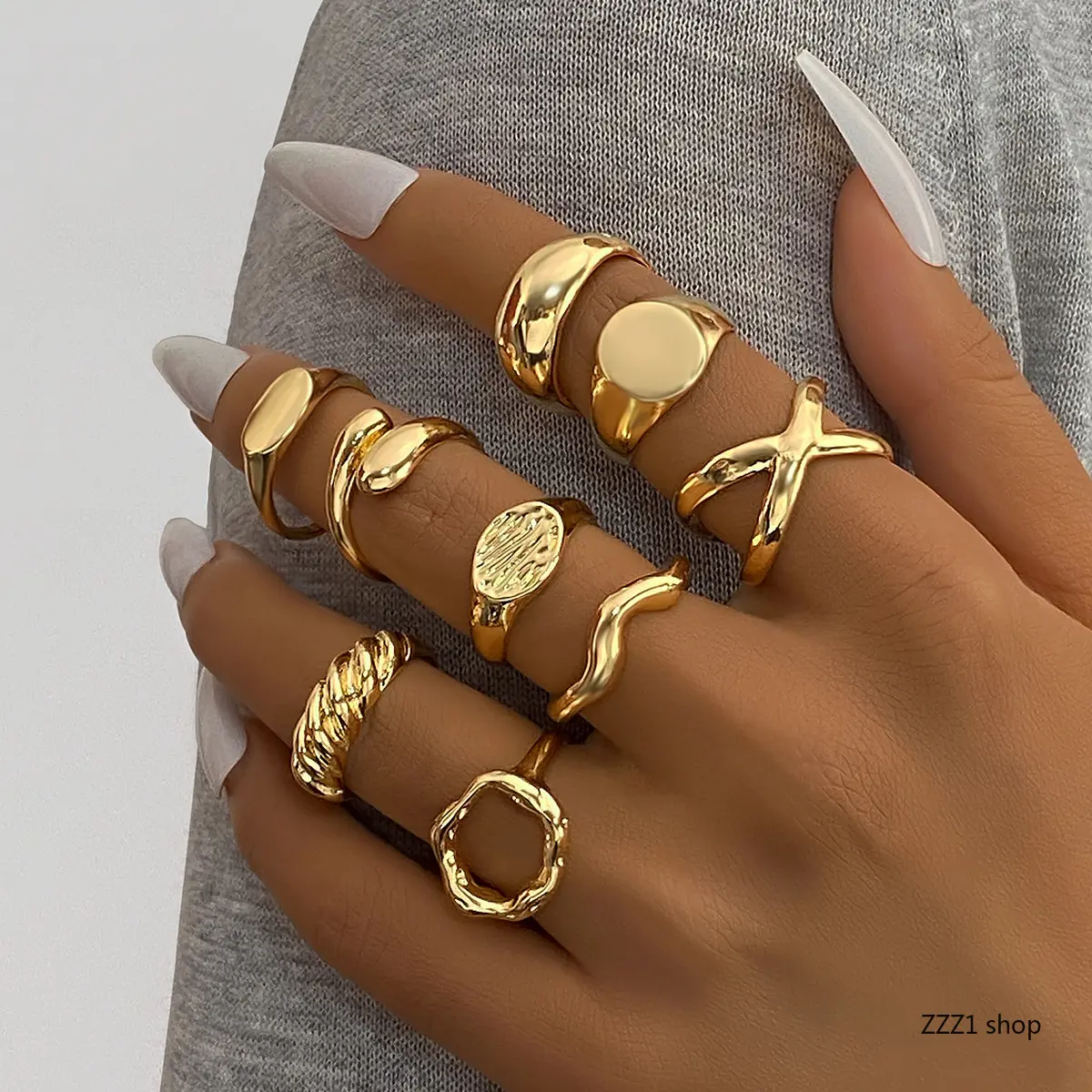 Women's 9-Pcs Gold Rings Set - Trendy Chunky Dome Signet, Geometric Twisted Wave Stackable Fashion Jewelry, Unisex Office-Casual Gift Compatible with Sports & Outdoor Accessories, All-Seasons, Unisex Wear, Stackable Set, Stackable Finger Rings, Casual Wea