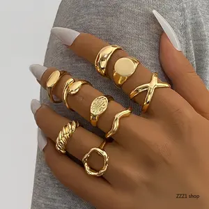 Women's 9-Pcs Gold Rings Set, Trendy Chunky Dome Signet, Geometric Twisted Wave Stackable Statement Jewelry, Office-Casual Gift (Sports & Outdoor Accessories Compatibility Note)