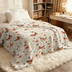 Butterfly Floral Print Flannel Throw Blanket, Cream Base with Coral Butterflies and Daisies Pattern, Soft Thick Office Nap Throw, Bed Runner Travel Camping Throw Cover, French Country Style Home Decor