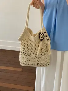 Korean Style Hollow Out Crochet Tote Bag, Wooden Bead Fringe Decoration, Soft Forest Style Summer Commute Crossbody Bag