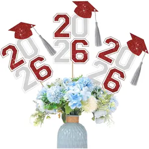 10 Pcs Class of 2026 Graduation Table Centerpieces Sticks with Tassels Grad Cap Picks Cupcake Toppers for Party Decoration Supplies Red and Silver