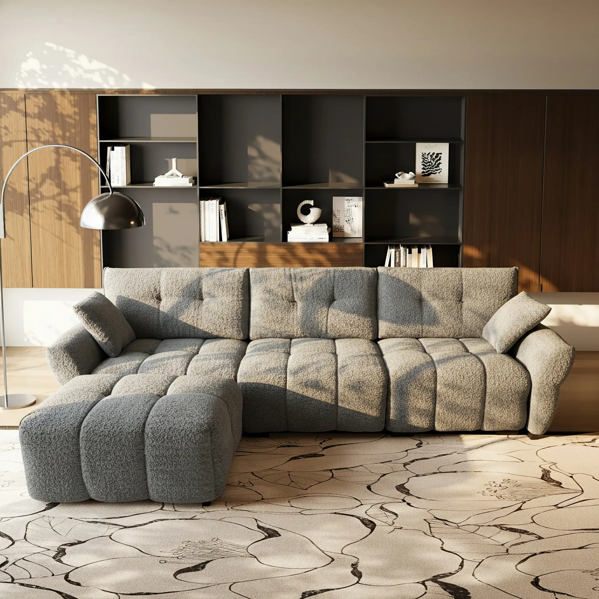 Homsee 110.2" Modular Sectional Boucle Sofa, 4-Seat Tufted Cloud Couch with Ottoman, Plush Boucle Fabric Couch with Wood Frame & Metal Base, Deep Seat Sleeper Sofa for Living Room, Teal Grey