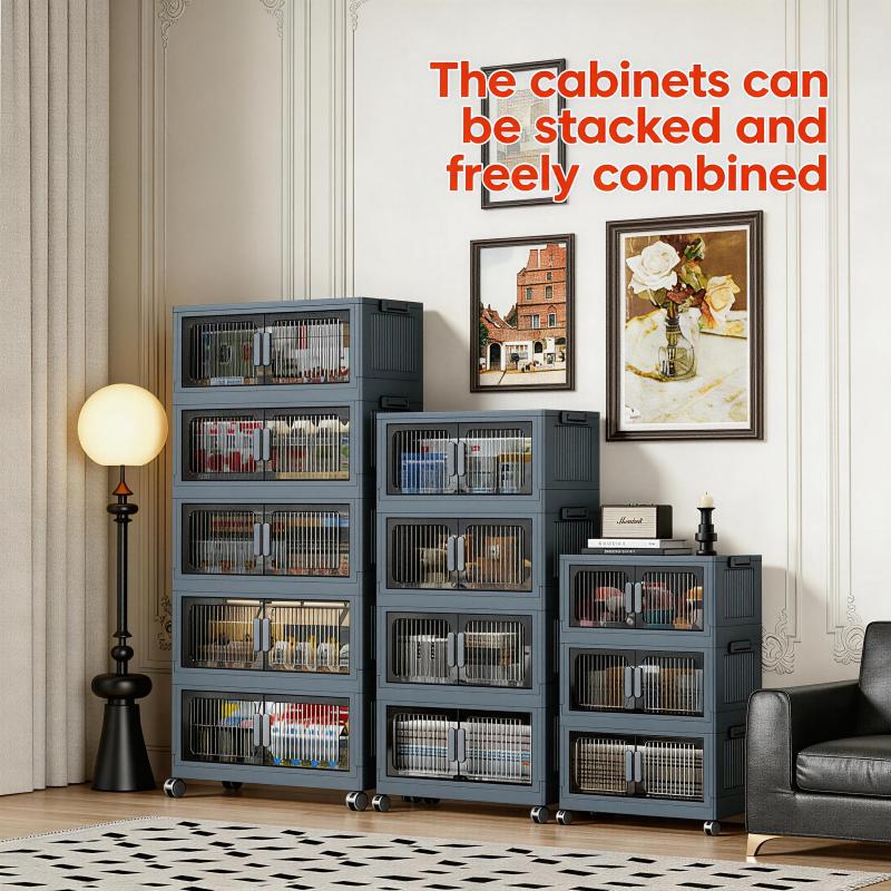 5 Tier Stackable Plastic Storage Bins with Rolling Wheels, Foldable Collapsible Containers for Easy Organizing