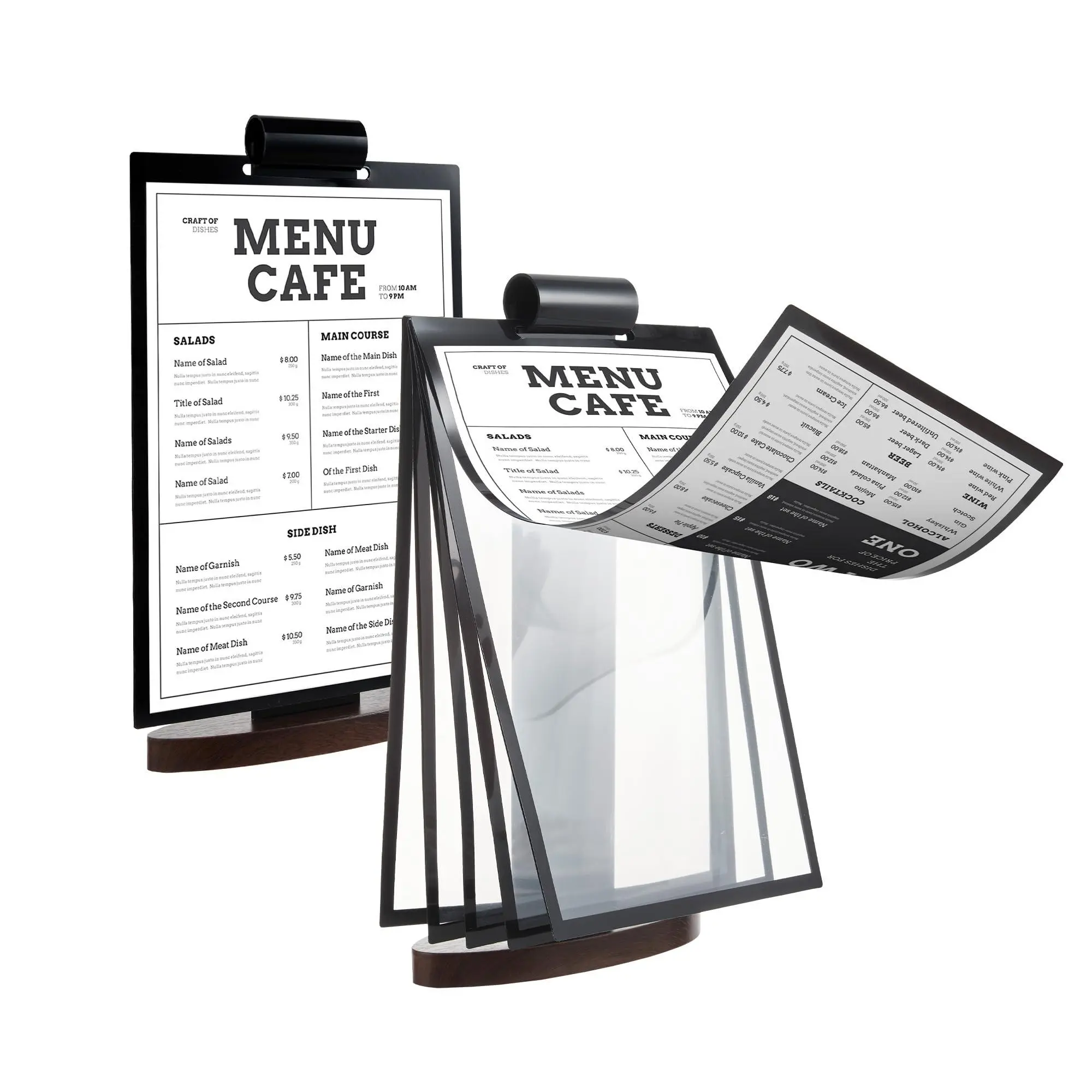 Vertical A4 Acrylic Flip Menu Sign Holder Set of 2 Tabletop Display Easel Stand with Premium Walnut Wood Base for Cafe Restaurant Retail Shop Office Counter