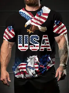 Independence Day USA letter bald eagle and galloping horse 3D digital printed T-shirt, classic streetwear casual and versatile sports men's crew neck short sleeve, suitable for daily wear, a perfect holiday gift for men