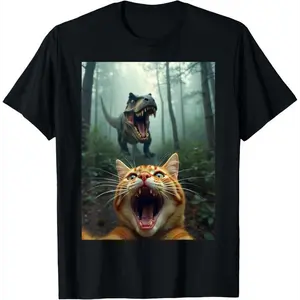 Cat Selfie With T-Rex Dinosaur T-Shirt, Adult Humor Shirt, Gift for Him, Boyfriend Tshirt, Men's Graphic Top