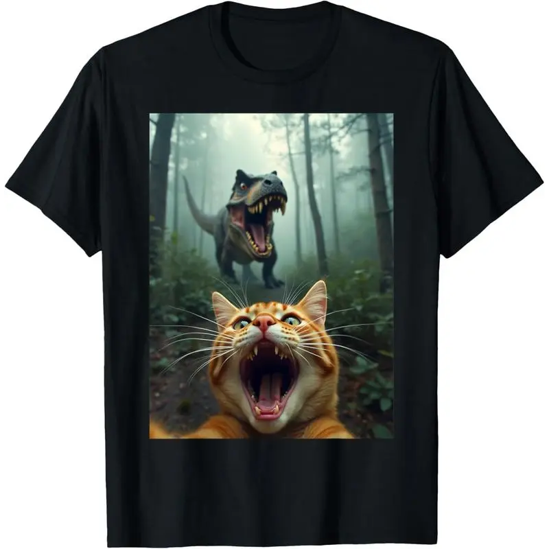Cat Selfie With T-Rex Dinosaur T-Shirt, Adult Humor Shirt, Gift for Him, Boyfriend Tshirt, Men's Graphic Top,Unisex Crew neck T-shirt for Men And Women,Casual Summer T-Shirt with Crew Neck,Heavyweight 100% Cotton