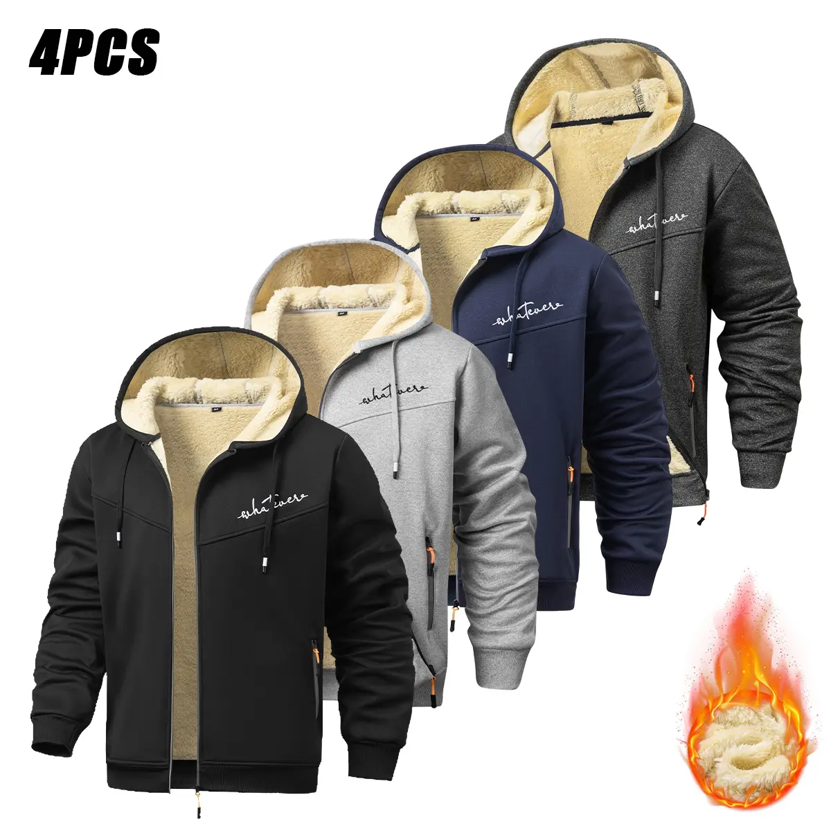 JOGWAVE 4PCS Menswear Long Sleeve Fleece Pullover Hoodies Sweatshirts, Plain, Soft, Breathable, Durable, Classic, Versatile, Machine Washable, Regular Fit, Workwear Fashion Top Set