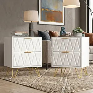 2 Pcs Modern Nightstand With 2 Drawers, Golden Metal Legs Bedside Cabinet, Multifunctional Storage End Side Table, Practical Bedroom Living Room Home Furniture