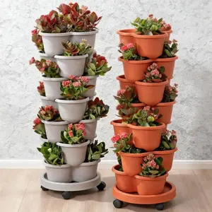 Stackable Planters Set, 5pcs + 1pc with Drain Holes, Irregular Shape Flower Pots, Mobile Base, Indoor/outdoor Garden, Strawberry, Vegetable, Floral