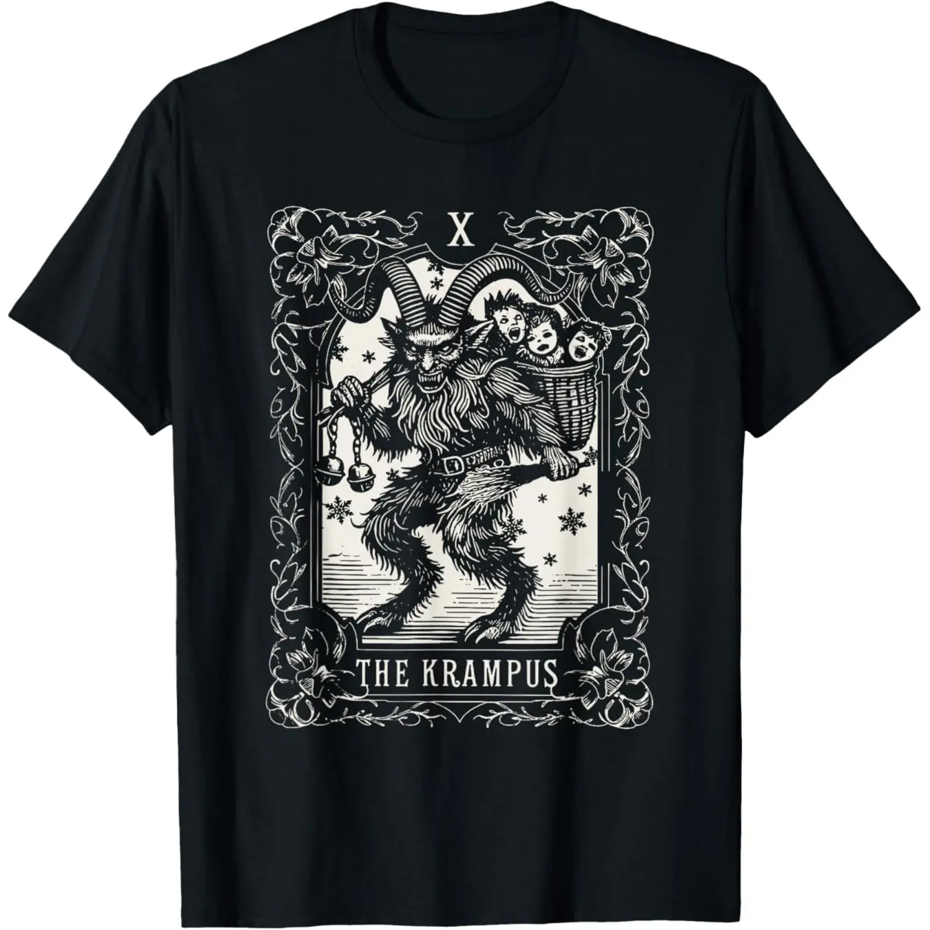 Men's Krampus Tarot Card Design Christmas Casual Round Neck Short-Sleeve Graphic T-Shirt - Evil Themed Holiday Menswear, Soft Cotton Fabric, Digital Print, Classic Fit, Non-Peeling Non-Fading Images, Unisex, None, Images Do Not Peel Or Fade, Shortsleeve,