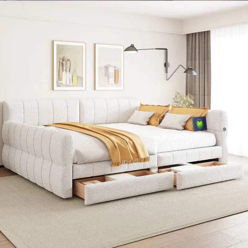 Queen Size Daybed with 2 Storage Drawers and USB-Ports, Upholstered Lambswool Day Bed Sofa Bed Space Saving for Living Room, No Box Spring Needed, White