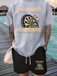 Dart Fun Slogan Printed Men's Short Sets, Grey-Black Color Block, Men's Stylish Casual 2-Piece Outfit