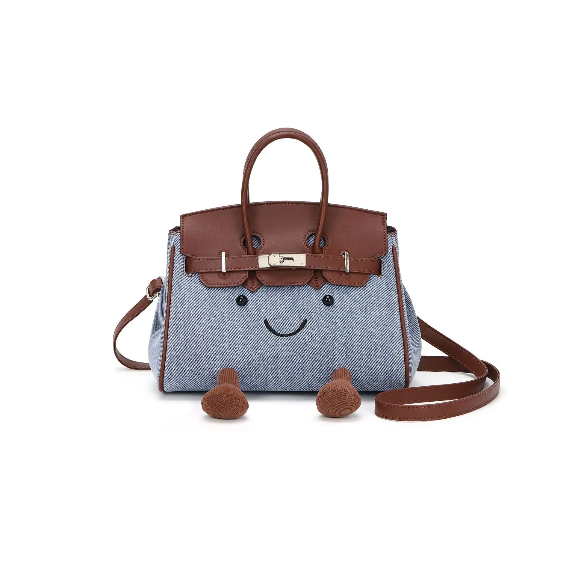 1pc Cute Smile Face Denim Top Handle Bag - Cartoon Design with 3D Feet Decor, Faux Leather Trim, Detachable Shoulder Strap, Large Capacity Women Crossbody Purse, Fun Street Style Handbag